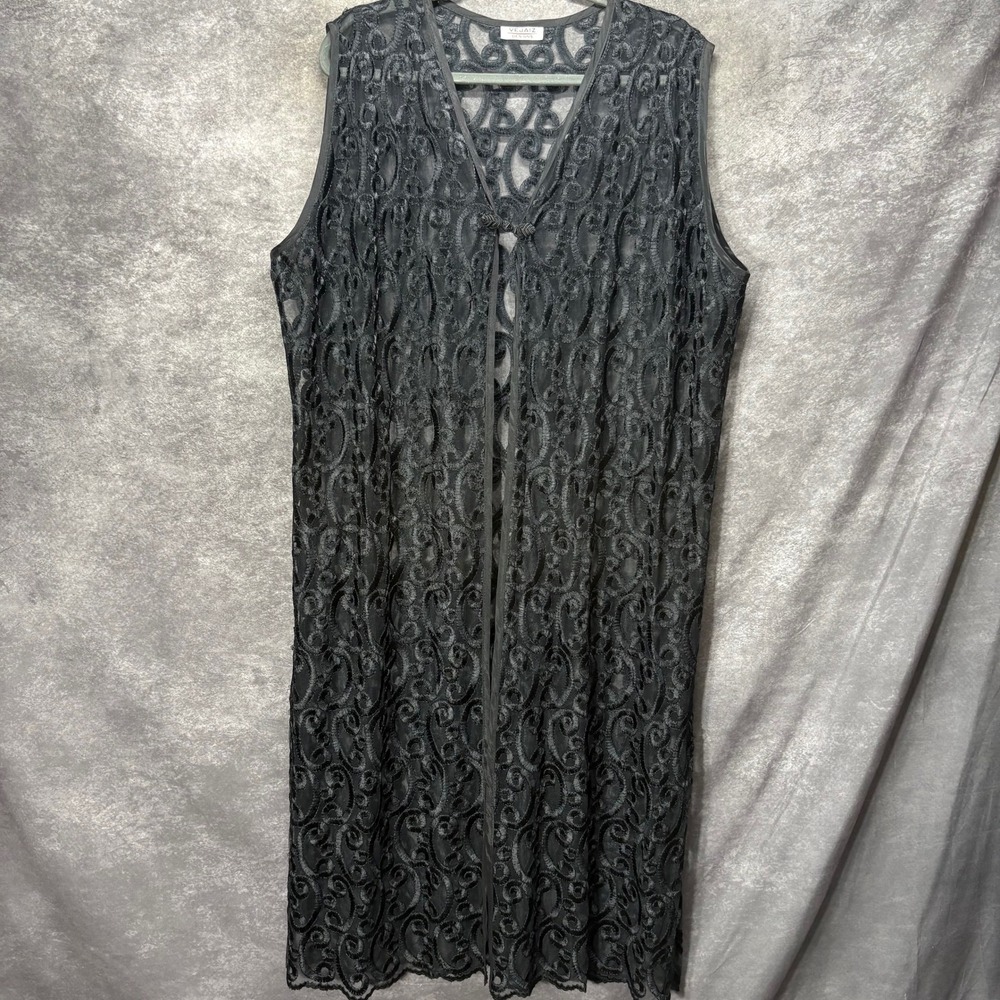 Vejaiz Designs Sheer Black Lace Long Vest Duster Size XL Scroll Whimsigoth